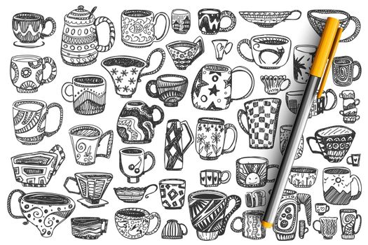 Cups hand drawn doodle set