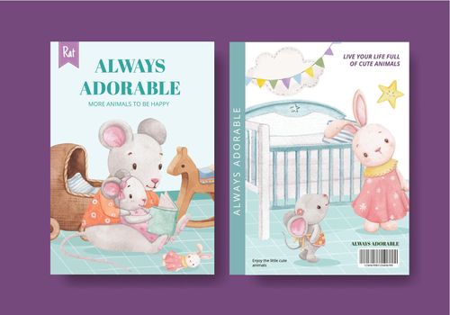 Cover book template with adorable animals concept,watercolor style
