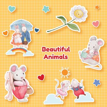 Sticker template with adorable animals concept,watercolor style

