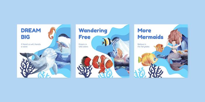 Banner template with mermaid concept,watercolor style