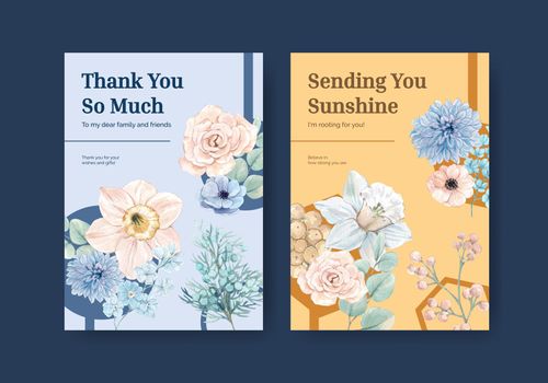 Card template with blue flower peaceful concept,watercolor style
