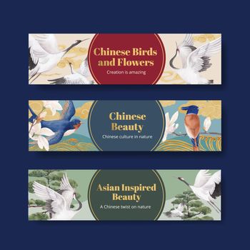 Banner template with Bird and Chinese flower concept,watercolor style