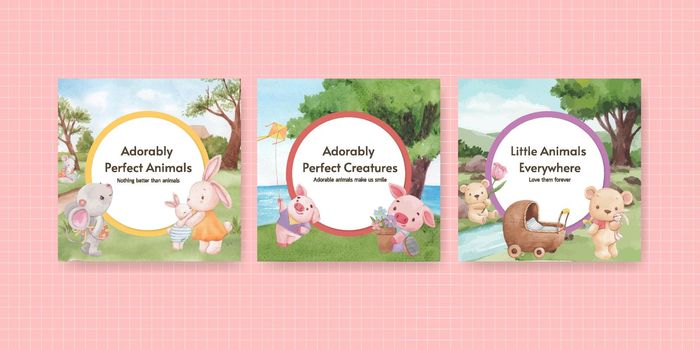 Banner template with adorable animals concept,watercolor style
