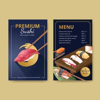 Menu template with premium sushi concept,waterolor style