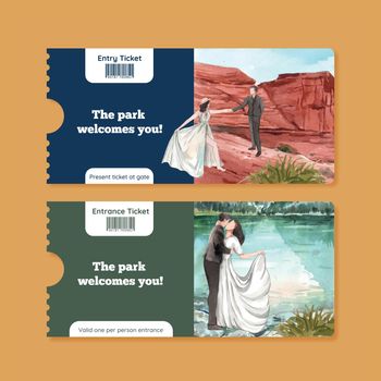 Ticket template with national parks of the United States concept,watercolor style