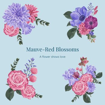 Bouquets with muave red floral concept,waterolor style