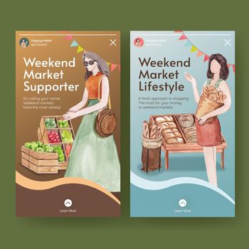 Instagram template with weekend market concept,watercolor style