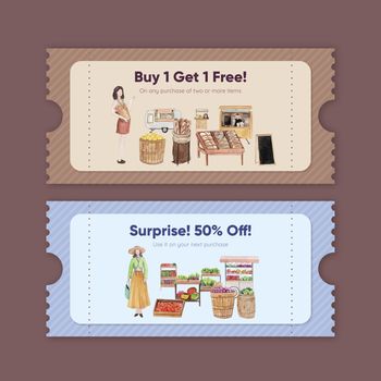 Voucher template with weekend market concept,watercolor style