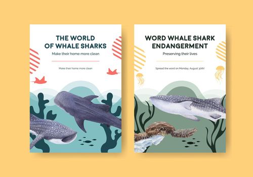 Poster template with international whale shark day concept,watercolor style