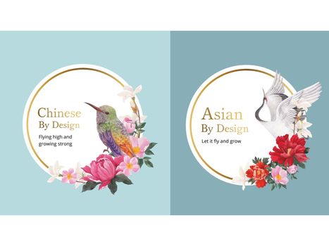 Wreath template with Bird and Chinese flower concept,watercolor style