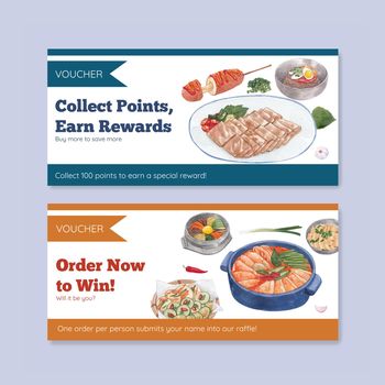 Voucher template with Korean foods concept,watercolor style
