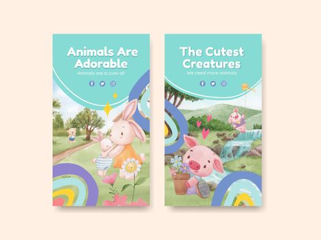 Instagram template with adorable animals concept,watercolor style
