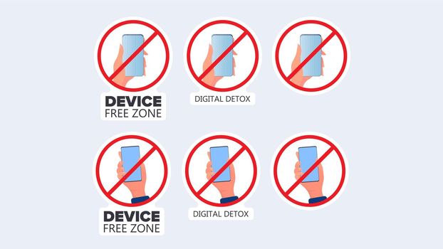 Set of stickers. Crossed out hand icon with a phone. The concept of ban devices, free zone devices, digital detox. Blank for sticker. Isolated. Vector.