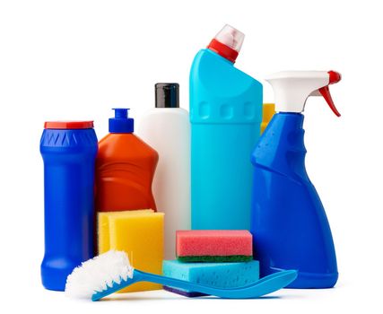 Sanitary household cleaning items isolated on white background