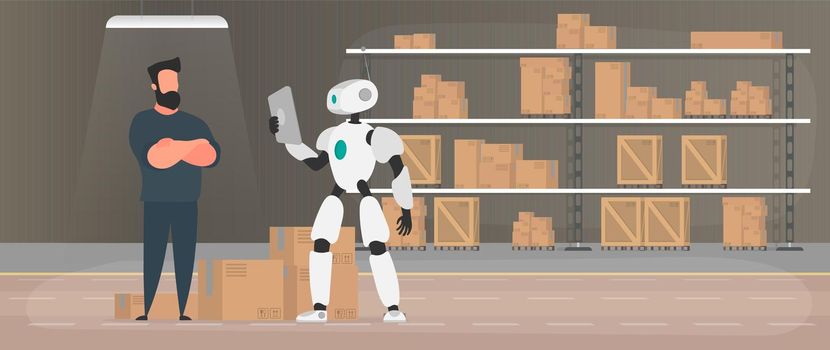 The robot stands with cardboard boxes near the conveyor line. Conveyor system in flat design. Vector.