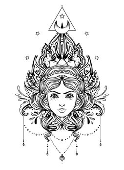 Divine goddess. Black and white girl over sacred geometry sign, isolated vector illustration. Tattoo sketch. Mystical symbol. Alchemy, occultism, spirituality, coloring book.