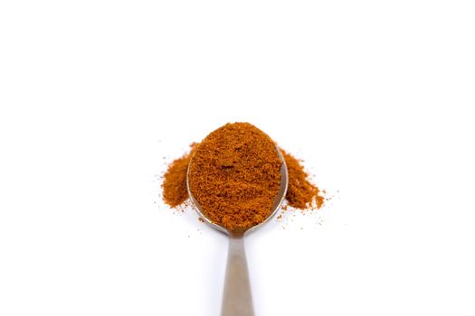 Red chili powder in metal spoon on white background. Top view with copy space for text