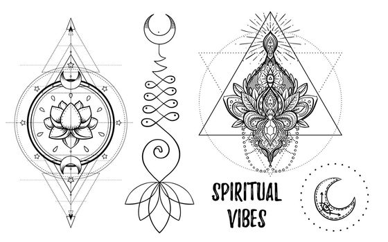 Set of Ornamental Boho Chic Style Elements. Vector Budda illustration. Tattoo template. Hand drawn tribal esoteric symbol collection. Hippie design elements.