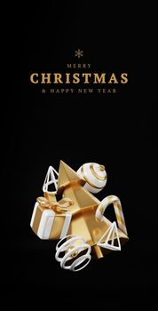 Luxury christmas 3d render banner or greeting card. Modern Minimal New year and Christmas gold and black Decoration with tree, candy, ball, gift box on black background