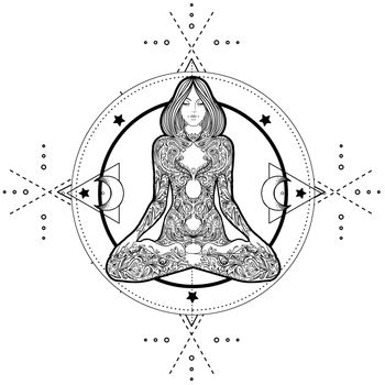 Woman ornate silhouette sitting in lotus pose and Sacred Geometry. Ayurveda symbol of harmony and balance. Tattoo design, yoga logo. poster, t-shirt textile. Anti stress book.
