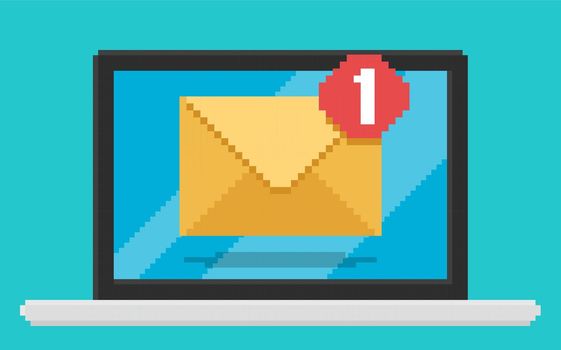 Pixel art style vector illustration of email on laptop screen