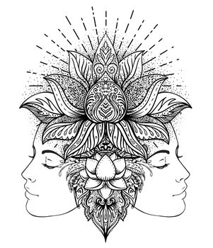 Divine goddess. Black and white girl over sacred geometry sign, isolated vector illustration. Tattoo sketch. Mystical symbol. Alchemy, occultism, spirituality, coloring book.