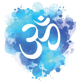 Sacred OM sign over abstract bright watercolor texture isolated.
