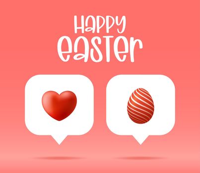 Card or Flyer Easter realistic egg on Like counter, comment follower and notification symbol vector illustration isolated on red.