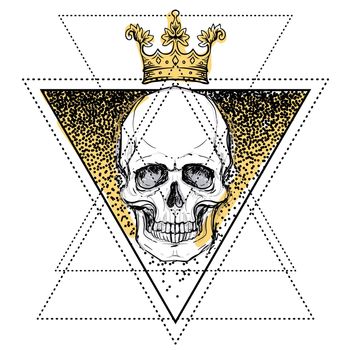 Human skull over sacred geometry symbol. Demon, fairy tale character. Mystical circle. Esoteric. Monochrome drawing isolated on white. Vector illustration.