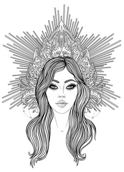 Madonna, Lady of Sorrow. Devotion to the Immaculate Heart of Blessed Virgin Mary, Queen of Heaven. Vector illustration isolated on white. Tattoo design.