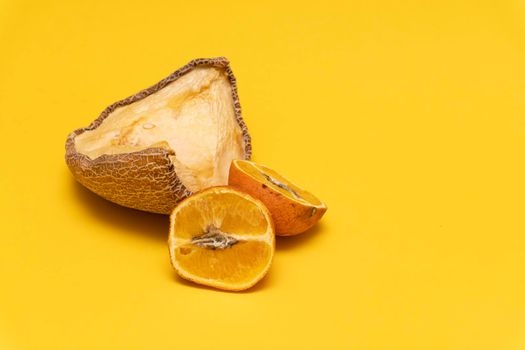 Creative composition with moldy dried yellow melon and orange tangerines, yellow background, not edible