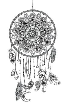 Hand drawn Native American Indian talisman dreamcatcher with feathers and moon. Vector hipster illustration isolated on white. Ethnic design, boho chic, tribal symbol.