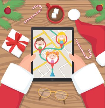 Santa Claus is planning his road to children - flat design vector illustration