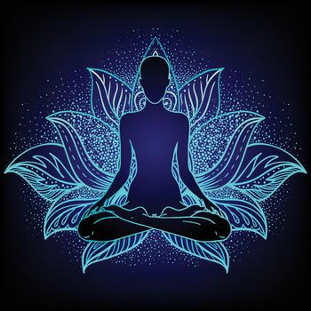 Chakra concept. Inner love, light and peace. Buddha silhouette in lotus position over colorful ornate mandala. Vector illustration isolated. Buddhism esoteric motifs.