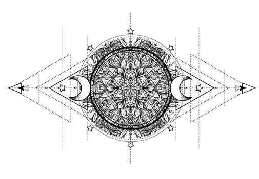 Lotus, Eye, Sacred Geometry. Ayurveda symbol of harmony and balance, and universe. Tattoo flesh design, yoga logo. Boho print, poster, t-shirt textile. Anti stress book.
