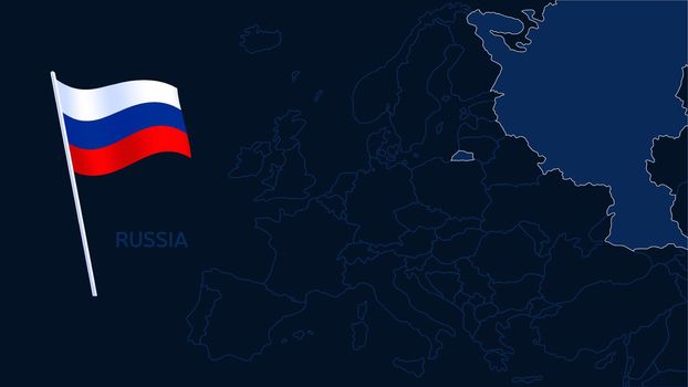 russia on europe map vector illustration. High quality map Europe with borders of the regions on dark background with national flag.