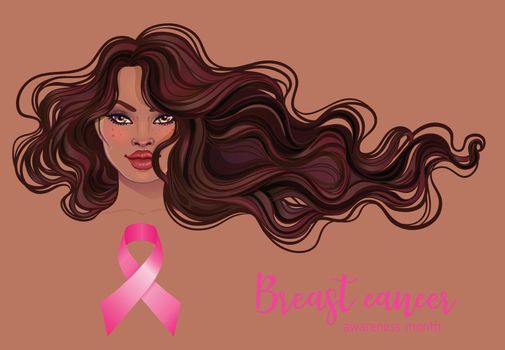 October: Breast Cancer Awareness Month, annual campaign to increase awareness of the disease. African American woman with breast cancer awareness pink ribbon, vector illustration