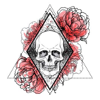 Human skull with peony, rose and poppy flowers over sacred geometry background. Vector illustration.