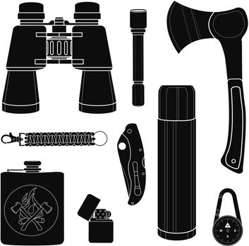Camping equipment silhouettes set
