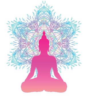Chakra concept. Inner love, light and peace. Buddha silhouette in lotus position over colorful ornate mandala. Vector illustration isolated. Buddhism esoteric motifs.