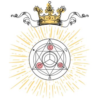Alchemy symbol with royal crown. Sacred geometry, vintage design. Tattoo flesh design, yoga logo. Boho print, poster, t-shirt textile. Isolated vector illustration.