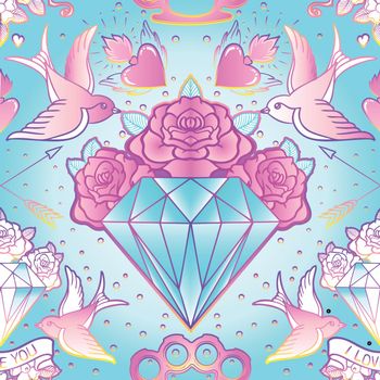 Old school tattoo style seamless pattern. Classic vector tattoo doodle elements: flower, sacred heart, diamond, swallow, brass knuckles. Wrapping paper, textile.