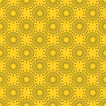 Geometric Sun Burst linear Rays Seamless Pattern. Stock vector illustration isolated on yellow background.