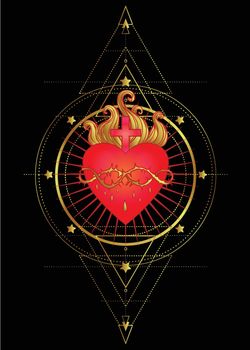 Sacred Heart of Jesus with rays. Vector illustration in red and gold isolated. Trendy Vintage style element. Spirituality, religion, Catholicism, Christianity, magic, love.