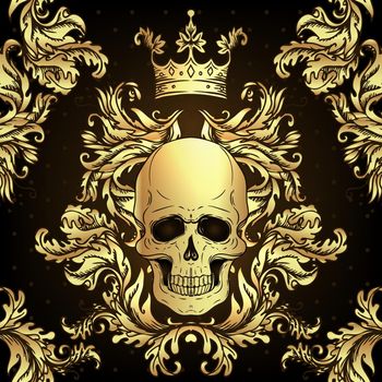 Baroque seamless ornament. Damask style pattern with skull. Vintage ornate vector design for wallpaper, wrapper