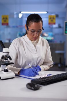 Biologist researcher woman working at microbiology experiment