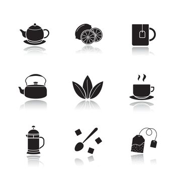 Tea drop shadow black icons set.
