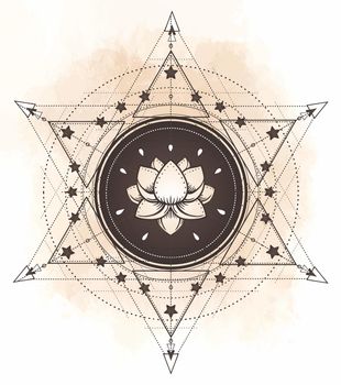 Lotus and Sacred Geometry. Ayurveda symbol of harmony and balance, and universe. Tattoo flesh design, yoga logo. Boho print, poster, t-shirt textile. Anti stress book.