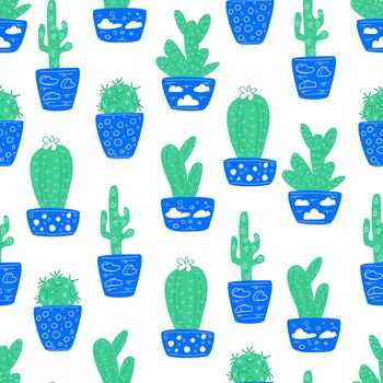 Seamless pattern with cacti in blue pots.