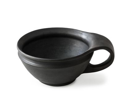 black pottery bowl with handle